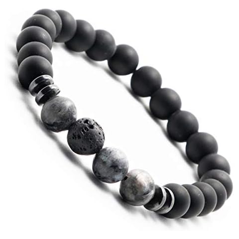 Jet Black Onyx Beads Bracelet for Men | Men's Beads Bracelet with Lava Stone | Pearl Bracelet with Natural Stone (Dark Brown) 17 centimeters Onyx grey (small 17-18 cm) Cover