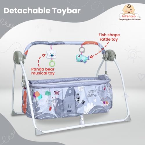 Image of Infantso Iron Baby Cradle Swing for New Born Baby with 3 Point Safety Harness, Hanging Toys, Soothing Lullabies Music, Cradle for 0 to 2 Years Baby Boys and Girls Baby Jhula (Grey, Animal)