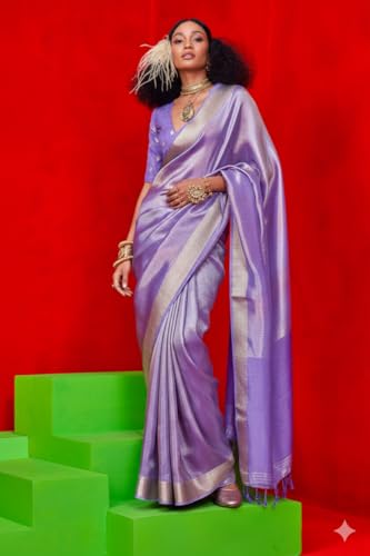 Image of SWORNOF Women's Woven Khadi Georgette Silk Saree With Unstitched Blouse Piece