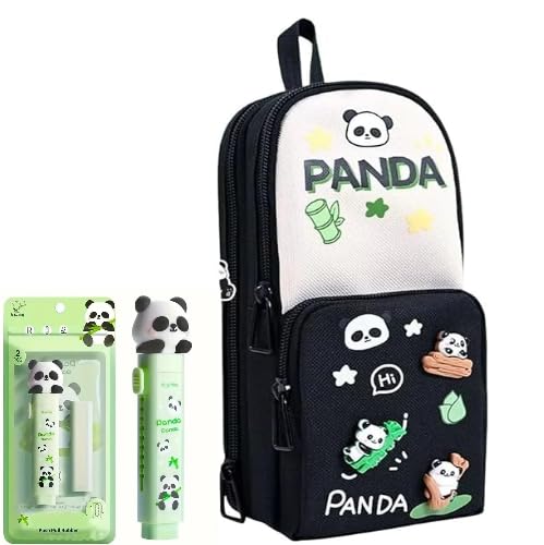 Image of Black Panda Kawaii Pencil Pouch 3 Compartment Cute Pencil Poucha,Large Capacity for Cute Pencil Cases for Pencil Pouch Pencil for Kids (A8)