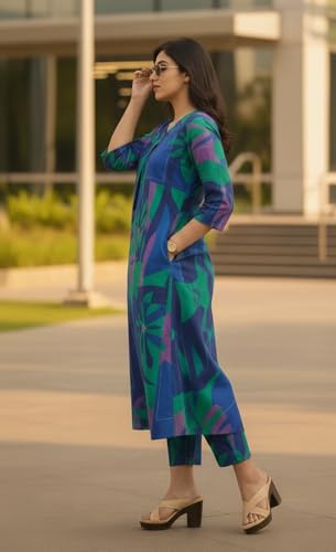 Image of Asmeriyo Women Printed Co Ord Set with Side Pocket | Women 2 Pic Kurta Set I Fancy Kurta Set | Stylish Kurti Outfit | Co-Ordination Wear | Festive and Casual wear (216-C-D-19-02)