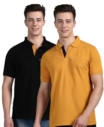 Image of Lux Cozi Men Cotton Regular Fit Polo Neck Half Sleeve Solid Casual T-Shirt with Chest Pocket | Pack of 2 |