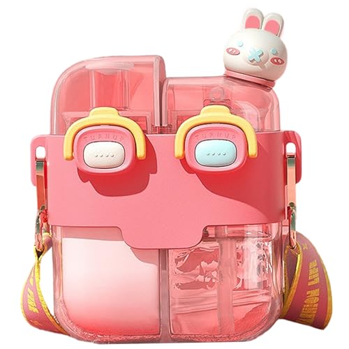 Pesoncarl Kawaii Water Bottle Dual Chamber Water Bottle with Straw & Strap & Lock 530ml Portable Leakproof for School Sport Travel, Red