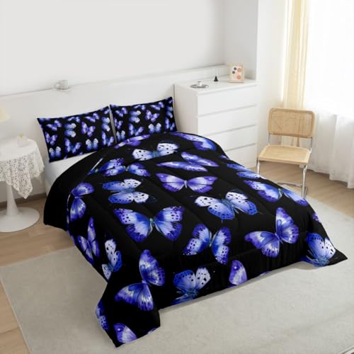 Image of Erosebridal Purple Butterfly Comforter Full Size for Kids Boys Girls,Flying Butterflies Bedding Set,Watercolor Oil Painting Duvet Insert,Modern Aesthetic Quilt Bedroom Decor
