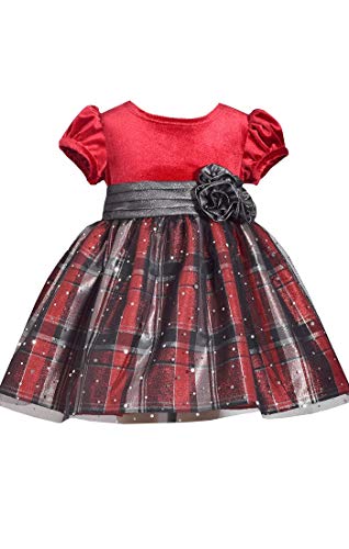 Bonnie Jean Baby Girls Short Sleeve Holiday Christmas Dress with Red Velvet and Plaid (24 Months)