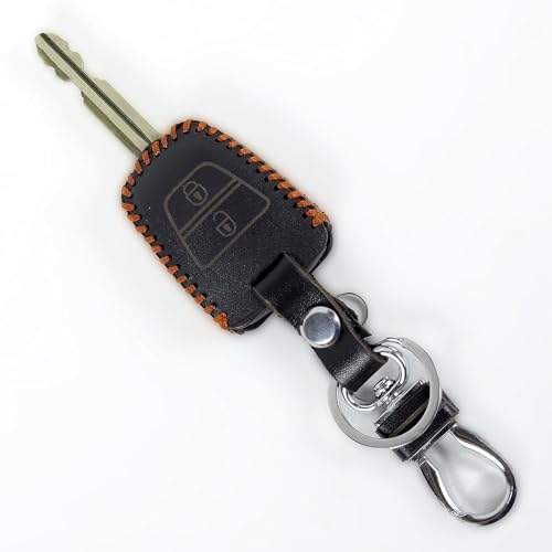 Image of Leather Smart Car Key Cover Case with Metal Hook Keychain for i-10 Grand (Black)