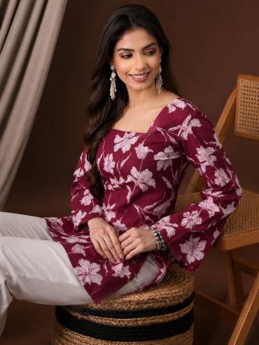 Image of Rayon Floral Print Short Kurti for Women | Square Neck Long Sleeve Top for Women | Criss Cross Back Desing Kurti | Soft Breathable Fabric | Relaxed Fit | Casual and Office Wear