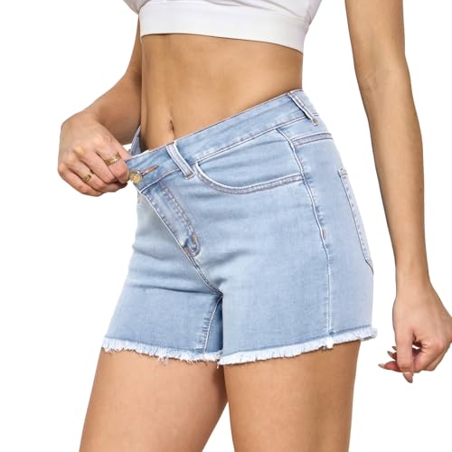 Image of VIPONES Women Mid Rise Jeans Shorts Frayed Raw Hem Summer Stretchy Casual Denim Shorts