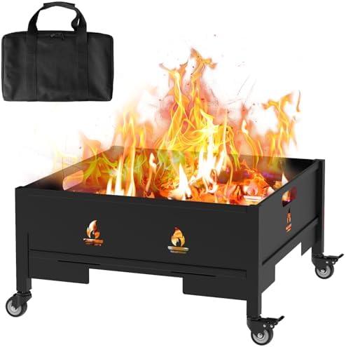 22 Inch Fire Pit with Wheels, Wood Burning Fire Pit for Outside with Waterproof Carry Bag, Outdoor Portable Backyard Metal Firepit for Patio Bonfire Picnic BBQ Party Camping Beach