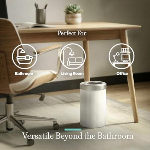 Image of Gatco Small Bathroom Trash Can with Lid, Round 3 Gallon Wastebasket, Under Sink, White Oak with Satin Nickel, for Bathroom, Bedroom, Office (1932SN)