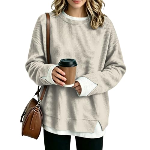Oversized Sweatshirt for Women Waffle Long Sleeve Crew Neck Sweatshirts - image 2