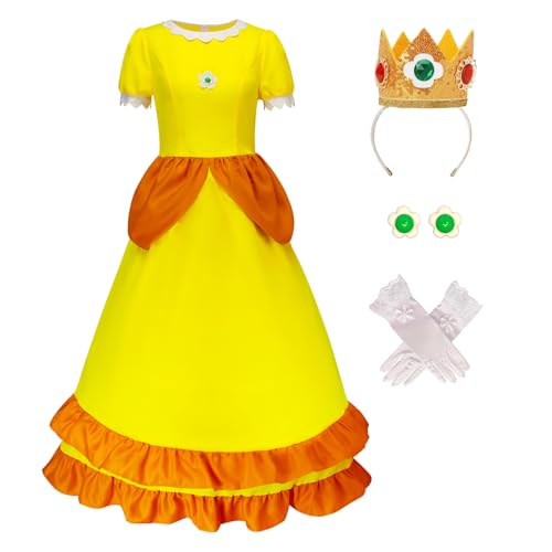 Princess Daisy Costume Adults Peach Costume Rosalina Dress Party Gown Ball Dress Crown Earrings for Women XL
