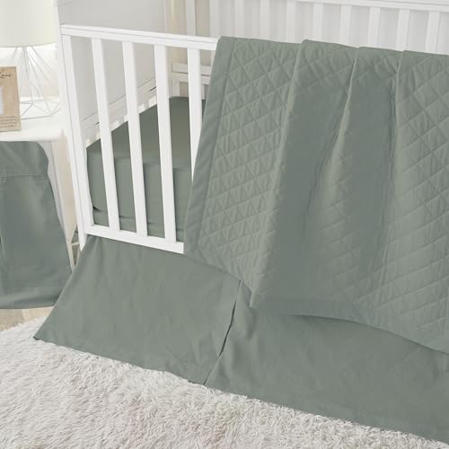 Image of Brandream Gender Neutral Boho Bohemian Baby Girl Boy Nursery 3 Pieces Crib Bedding Set Solid Green Farmhouse Chic Unisex Cozy 100% Washed Cotton Like Linen Supersoft