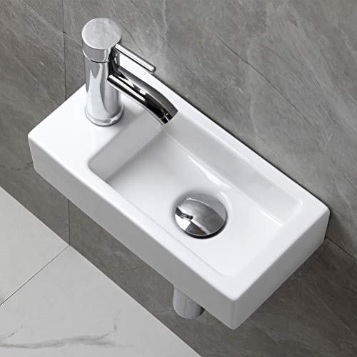 Modern Bathroom White Rectangle Wall Mount Hung Porcelain Ceramic Small Sink Wash Art Basin Vessel Vanity Without Overflow&Faucet&Drain For Cloakroom Lavatory Toilet (Left Hand) #TOP3