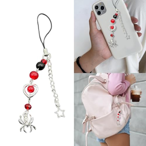 Image of Bracelet /Phone Chain Customizable Jewelry with Unique Beaded Design, Matching Star and Spiders Charm, 13cm, Red