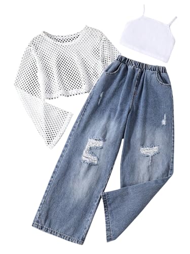 Image of GORGLITTER Girl's 3 Piece Outfit Long Sleeve Fishnet Mesh Tee Top Camisole Ripped Jeans Denim Pants Set White 12Y