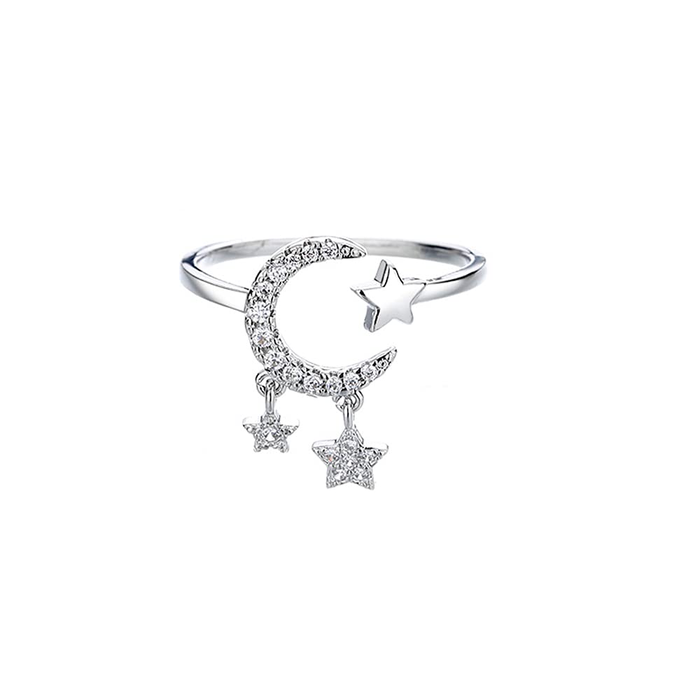 Crescent Moon Star Open Rings for Women Cubic Zirconia Dangle Tassel Adjustable Stacking Statement Knuckle Finger Ring Promise Wedding Promise Fashion