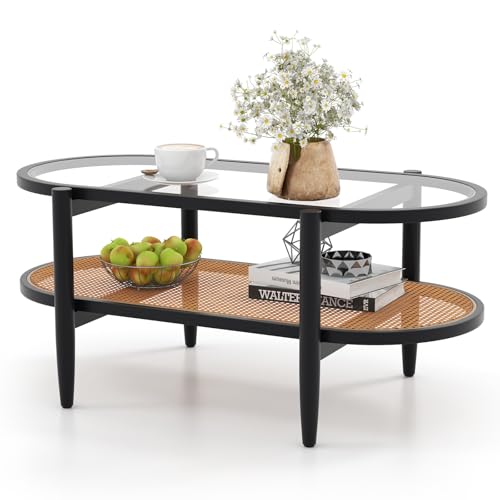 Image of COSTWAY 2-Tier Coffee Table, Tempered Glass Cocktail Center Table with Rattan Storage Shelf, Acacia Wood Frame Accent Sofa Side Tea Tables for Living Room and Office (Oval, 102x56x46cm, Black)