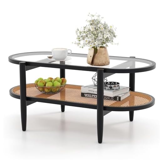 COSTWAY 2-Tier Coffee Table, Tempered Glass Cocktail Snack Tea Center Table with PE Rattan Storage Shelf, Acacia Wood Frame Accent Sofa End Side Table for Living Room, Bedroom and Office (Black)