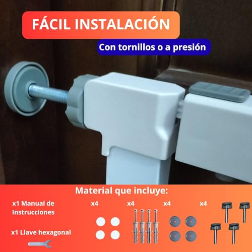 Miniatura 5 de Rg-M1 Barrera De Seguridad Para Bebés Y Mascotas, Ajustable 75-82 Cm Extensible Hasta 108 Cm, Acero Blanco, Valla Escalera Y Puerta Sin Taladro, Cierre Automático, Apertura 1 Mano, Doble Seguridad