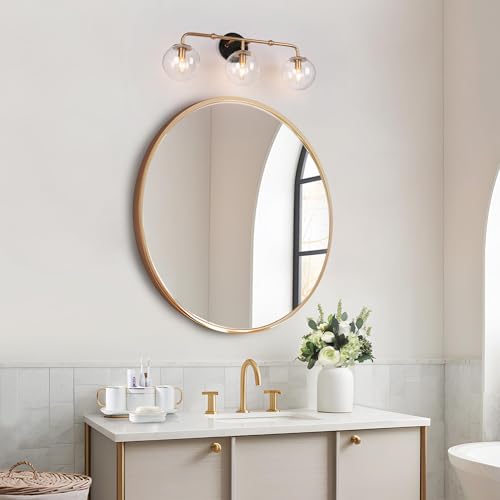 Image of KSANA Black and Gold Bathroom Light Fixtures, 3-Light Globe Vanity Lights for Bathroom with Seeded Glass Lampshade, Modern Bathroom Vanity Lighting Light Fixtures Over Mirror