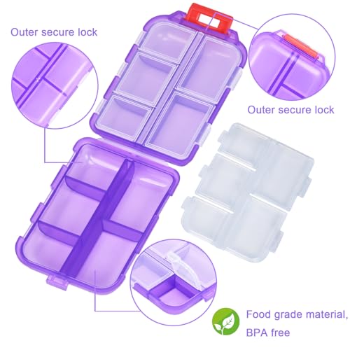Image of Travel Pill Organizer with 189 Labels, 10 Compartments Pill Travel Case Travel Medicine Organizer Purse Essentials Travel Daily Pill Container Mini Pill Case(Purple, 1 Pack)