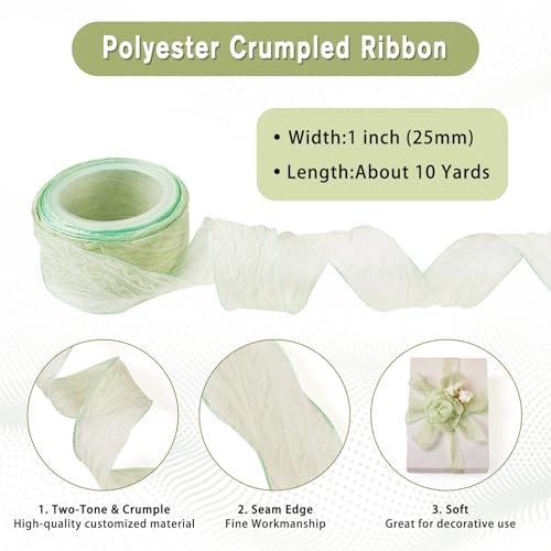 Bestewelry 10 Yards Crinkled Ribbon 1 Inch Pale Green Crinkle Ribbon Polyester Crumpled Ribbon with Seam Edge for Wrapping Basket Wreaths Bows Making Home Event Decor DIY Crafts - Image 3