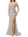 fujious Mermaid Luxury Evening Dress Off Shoulder Sleeveless Sweep/Brush Train Tulle Celebrity Dress Sequins Rhinestone 2024 Silver Nude