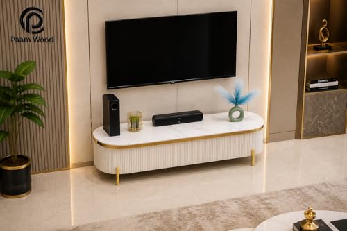 Image of Mazzo Modern TV Unit /Console - 70 inchx12 inchx18 inch White Marble Top with Golden Acrylic, Waterproof Plywood & Charcoal Louvers - Media Cabinet | Modern TV Stand Console Without Storage (White)