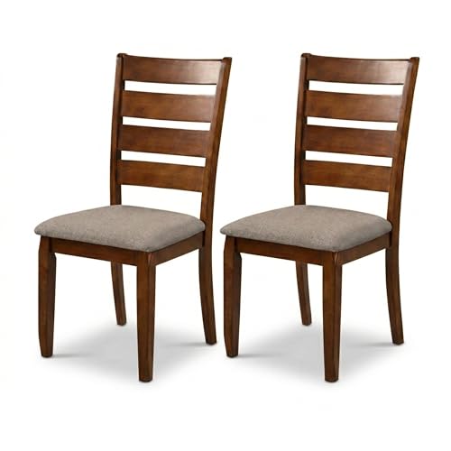 Image of Traditional Dining Chairs, Set of 2, Dirty Oak Finish with Greige Polyester Upholstered Seats Solid Rubberwood