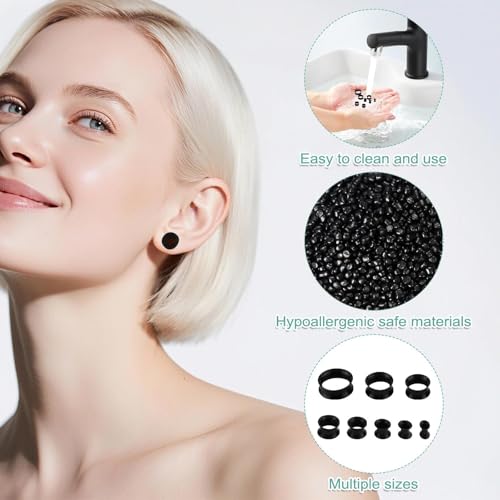 YSHODGU 16 Stück Weich Silikon Ohr Tunnel, Body Piercing Expander, Ohrdehner Plug Piercing Expander Set, 8 Spezifikationsgrößen, Sicher und Flexibel Tunnel Ohr für Frauen & Männer (Schwarz)