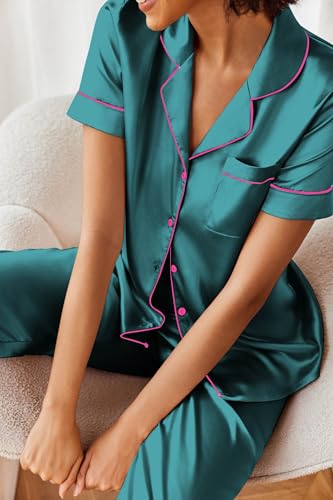 Image of Ekouaer Silk Satin Pajamas Set Women Short Sleeve Sleepwear Soft Button Down Loungewear Pjs Set Green Pink