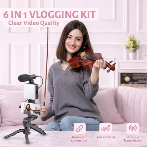 Image of 6 in 1 Mobile Video Recording Kit with Microphone & LED Light, Tripod Stand, Phone Holder & Bluetooth Remote, Professional Smartphone Vlogging Kit for Reels, Live Streaming, Content Creation
