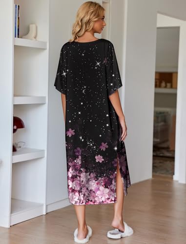 Image of Ekouaer Women's Nightgown Short Sleeve Sleepshirt Long Loungewear Casual Maxi Lounge Dress House Dresses with Pockets
