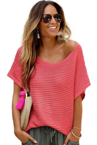 Casual Round Neck Short Sleeve Sweater: Red Clay Solid Color