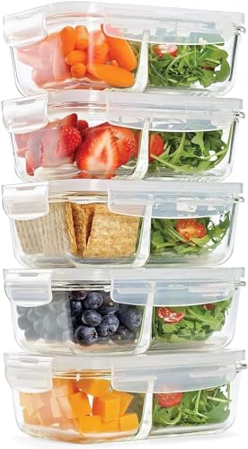 Prep Naturals Glass Meal Prep Containers Glass 2 Compartment 5 Pack - Glass Food Storage Containers - Glass Storage Containers with Lids - Divided Glass Cupcake Carriers 29 Ounce