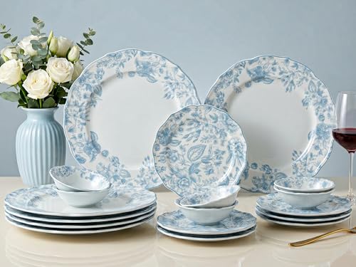 Image of Bodhi House Porcelain Dinner Set 18 Pieces - Blue Leaf White Dinnerware Set | 6 Dinner Plates, 6 Quarter Plates, 6 Katori Bowls | Premium Crockery Set for Dining, Kitchen & Gifting