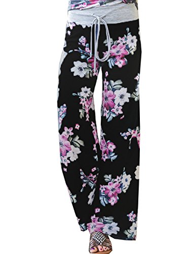 Image of iChunhua Women's Comfy Stretch Floral Print Drawstring Palazzo Wide Leg Lounge Pant