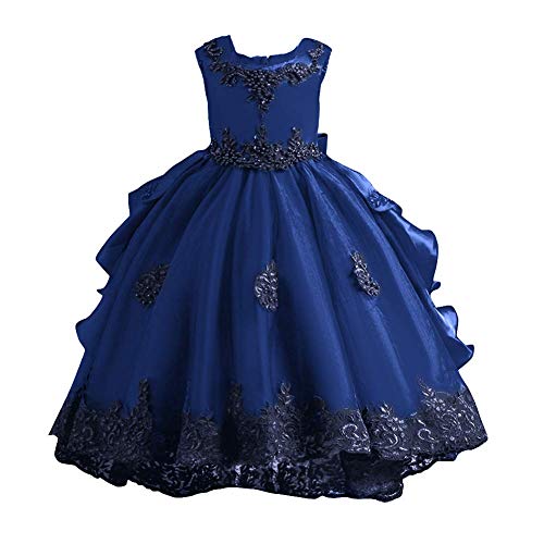 Vestido de damita de honor IMEKIS azul largo sin mangas con bordado floral para niñas