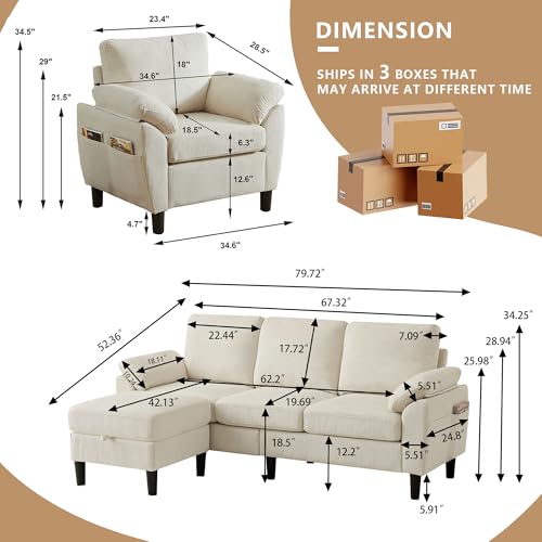 Image of 3 Pieces Corduroy Sofa Set for Living Room with Sofa, Storage Ottoman and Single Chair