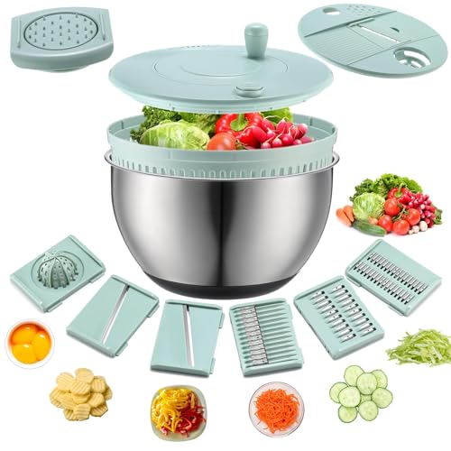 Stainless Steel Salad Spinner with 5 Blade Slicer 3-in-1 Fruit and Vegetable Washing Drying Chopping 4.3 Qt Large Capacity for Salad Preparation Kitchen Egg Yolk Strainer Shredder