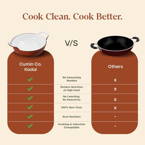 Image of CUMIN CO. Cast Iron Kadai with Lid | 3L, 26 cm | Induction Base Cookware |10 Years Warranty | Non Toxic Heavy Bottom Kadhai for Frying | Chemical Free Coating | Free Accessories | Color: Rust