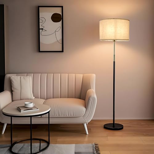 Image of Lightdot 60IN LED Floor Lamp for Living Room, Mid Century Floor Lamps with 2 Color(Off-White, Red-Brown) Fabric Shades, Industrial Floor Lamps, Standing Tall Lamp for Bedroom, Home Office-Black