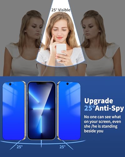 Image of Privacy Screen Protector for iPhone 13 Pro / for iPhone 13 / for iPhone 14, Tempered Glass Film with Easy Installation Frame 2 Pack True 25 Anti Spy Anti-Blue Light Eye Protection 9H Hardness (6.1 inch Blue)