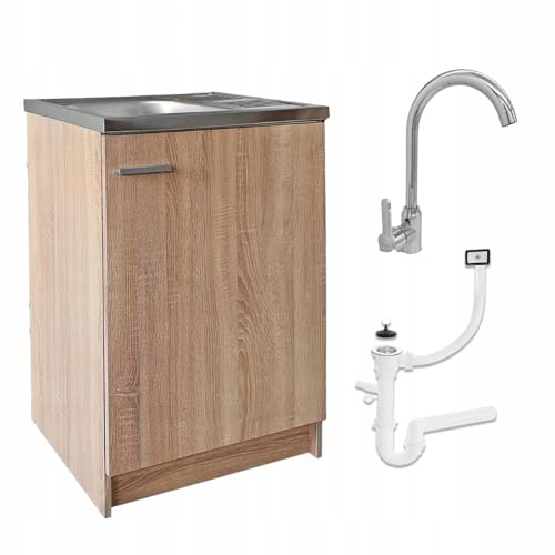 Stamar Sonoma Armoire d'évier de cuisine 60 cm avec robinet et siphon lave-vaisselle prêt à monter