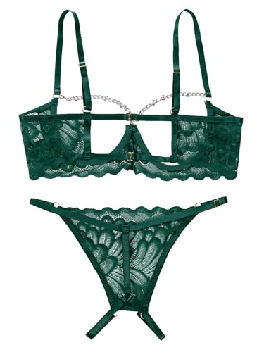 Image of Lilosy Women's Sexy Underwire Floral Lace Sheer Bachelorette Lingerie Set See Through Bra and Panty 2 Piece Chain Army Green Medium