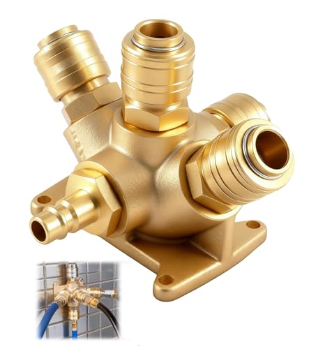 ZUGJOZD Druckluftverteiler Wanddose Druckluftweiche aus Messing 5 Fach wandmontierte Druckluftverteiler mit 1x Stecknippel G1/2 Zoll und 4 x 1/2 Zoll Kupplungsdosen NW-7.2 für Wandmontag
