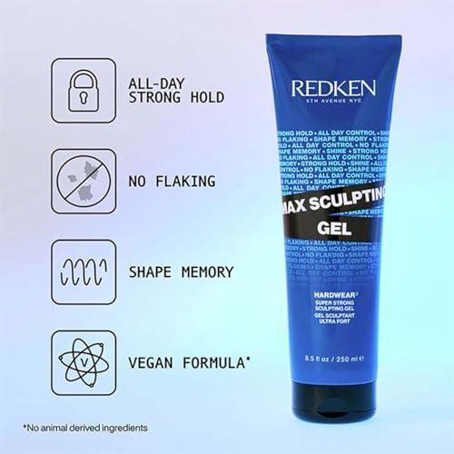 Image of Redken Max Sculpting Gel, 250 ml | High-shine sculpting gel with a vegan formula. Delivers flake-free, all-day strong hold and maximum style control.