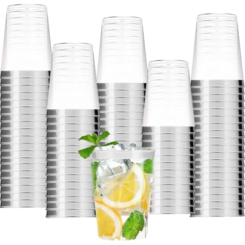 mauepersu 50 Stück Plastikbecher mit Silber, 350ml Becher aus Kunststoff Wiederverwendbare Trinkbecher Elegante Party Weingläser für Champagner Bier Cocktail Martini Soda Dessert (Silber)