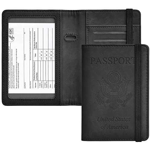 HerriaT Passport and Vaccine Card Holder Combo,Cover Case with CDC Vaccination Card Slot, Leather Travel Documents Organizer Protector, with RFID Blocking, for Women and Men